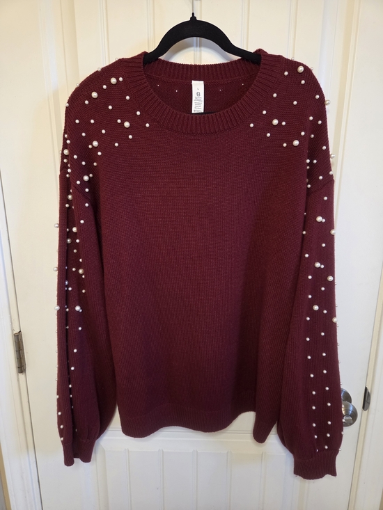 Sweaters - Pearl-Embellished Burgundy Knit Sweater